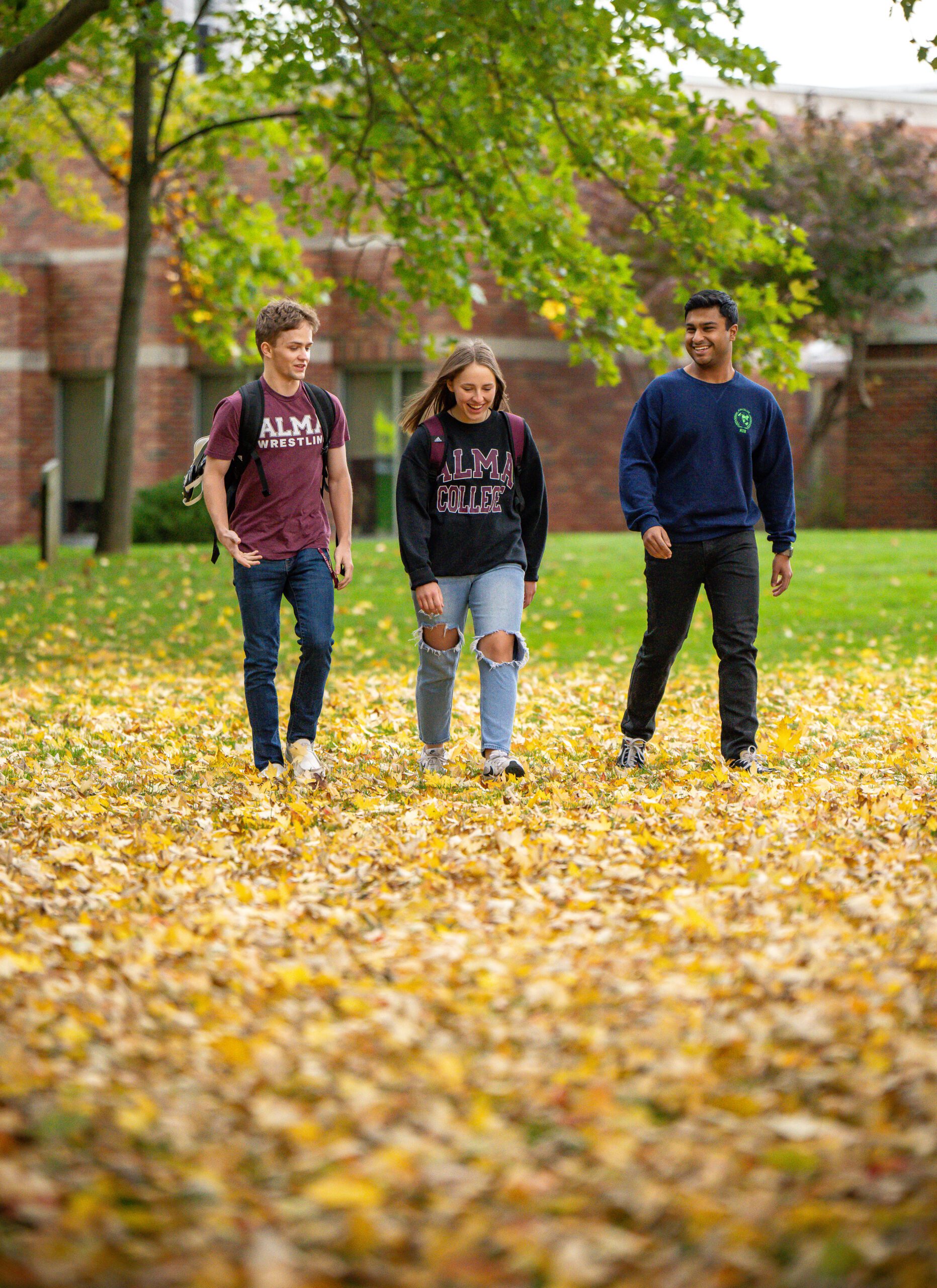 Three students walking on campus through golden leaves laughing and conversing with each other.