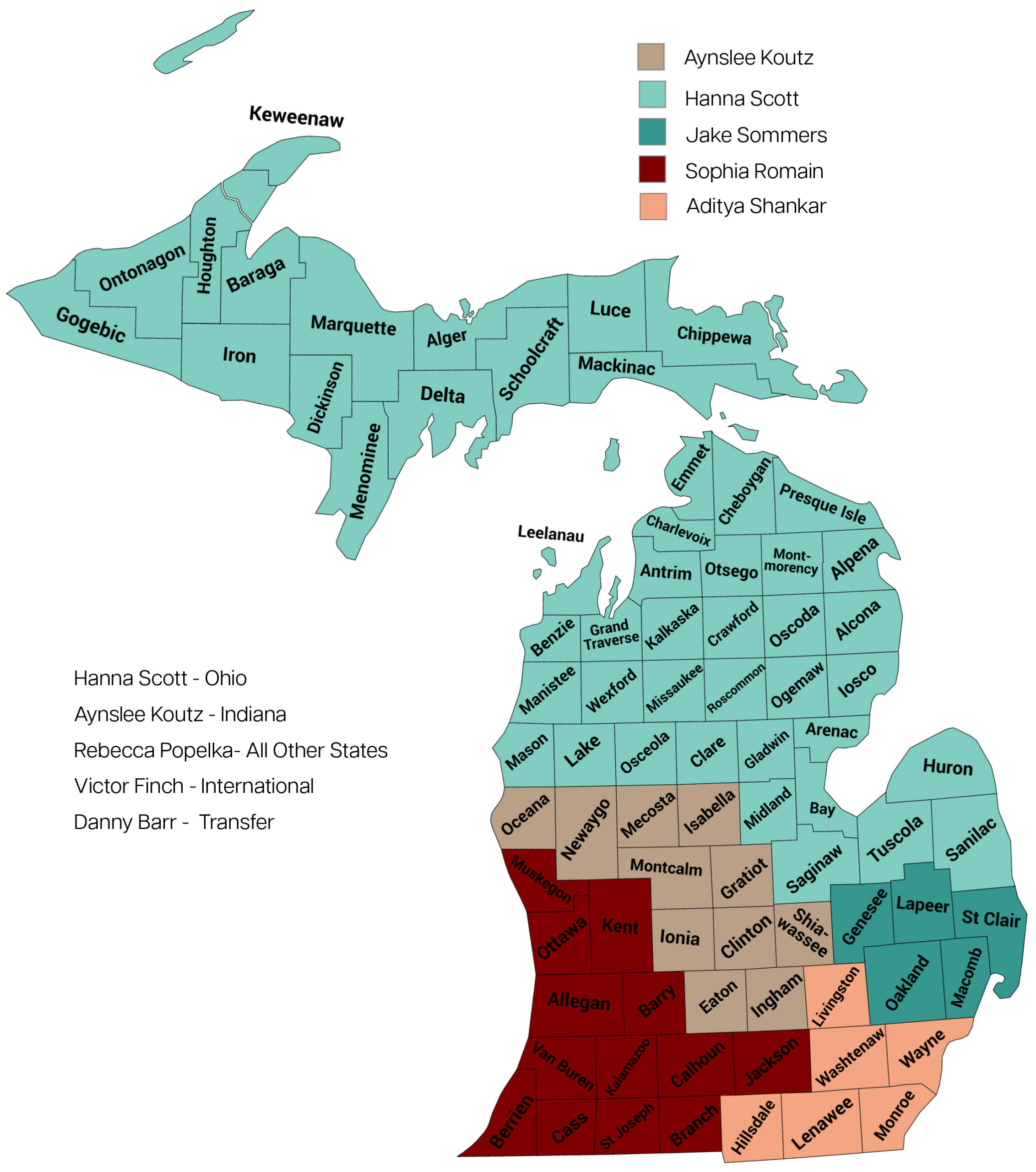 Michigan Map that shows a color-coded view of the Alma College Admissions Counselor recruitment areas