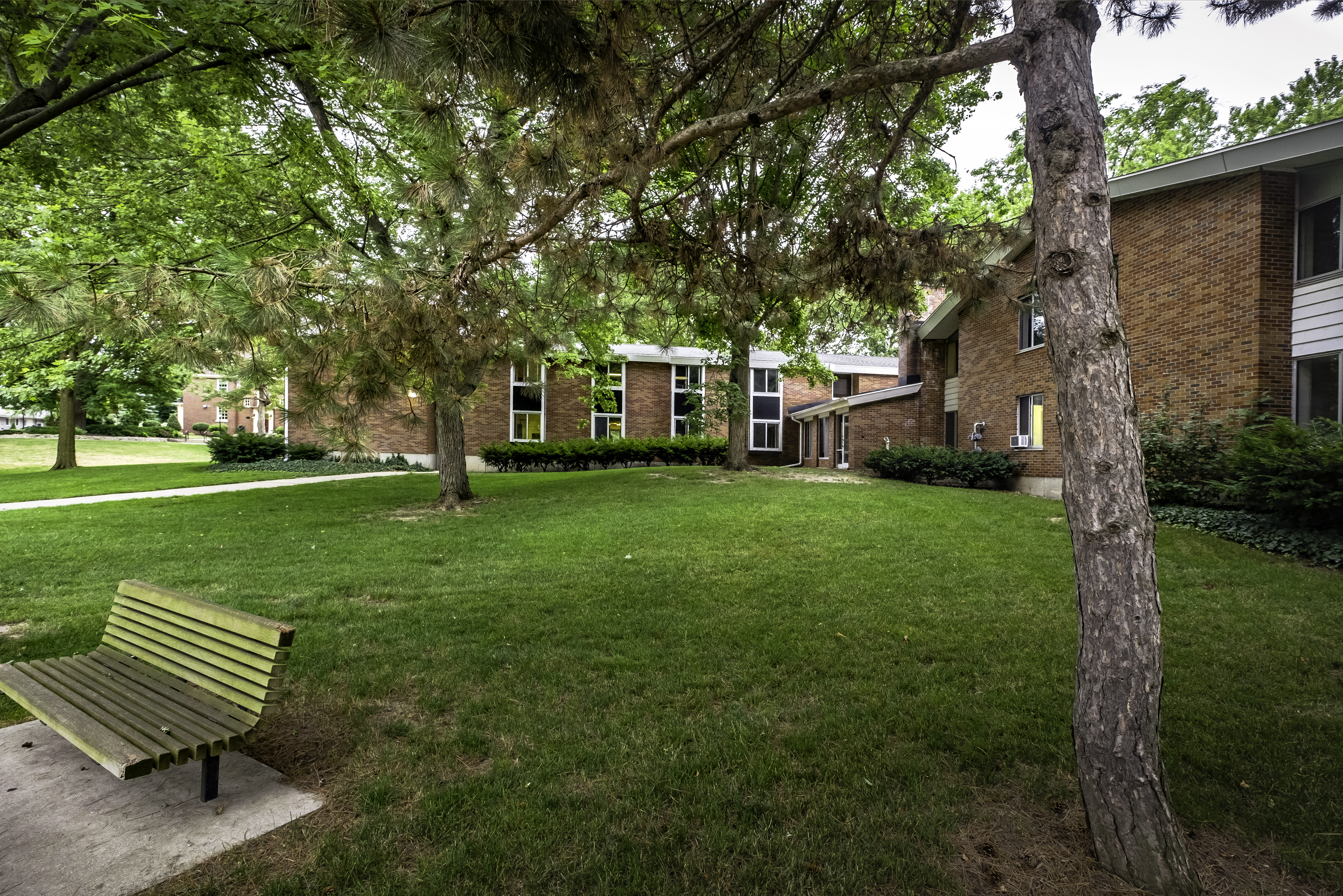 Exterior photograph of Brazell and Dunning Halls on the campus of Alma College