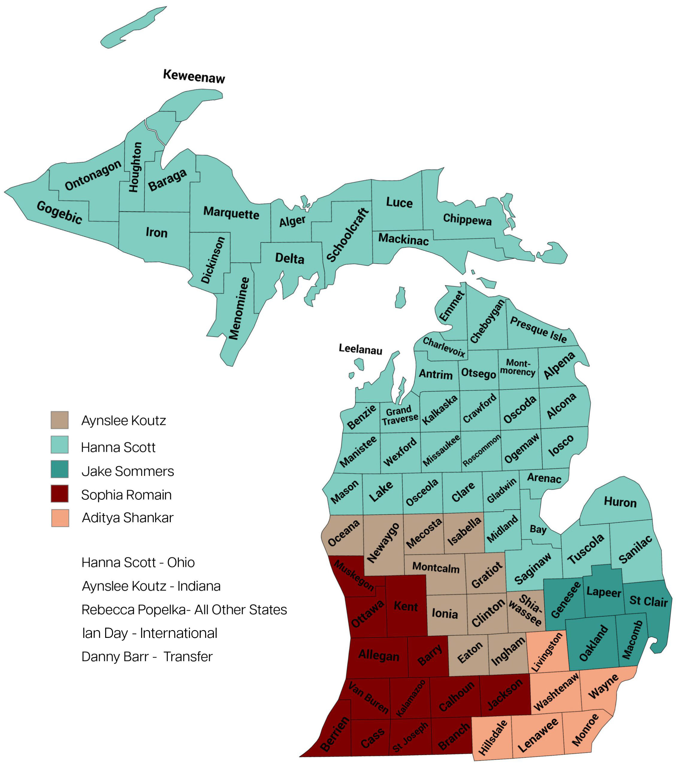 Territory map that shows coverage by region of all Alma College Admissions Counselors.